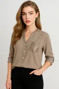0225 Khaki Sequin Trimmed Top with Sequin Pocket