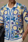 Men's Cobalt Blue Floral Crochet Open-Knit Shirt