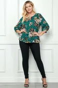 3/4 Button Cuff Sleeve Cutout Removable Trim Front Neck Dash Foil Overlay Blouse - Plus