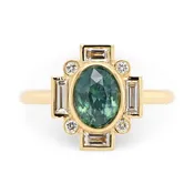 1.46ct Art Deco Oval Teal Sapphire & Lab Grown Diamond Accents Engagement Ring