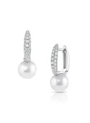 Akoya Cultured Pearl Pave Huggie Earrings in White Gold (310-33211)