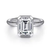 14K White Gold Emerald Cut Bezel Set Diamond Engagement Ring