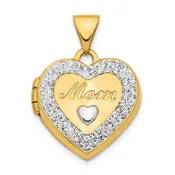 14K Crystal "Mom" Heart Locket Pendant