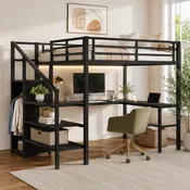 Ailinor Full Size Metal Loft Bed with L-Shaped Desk, Wardrobe and Storage Stairs