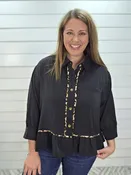 BLACK Collar-Neckline And Button-Down 3/4 Puff Sleeve And A Ruffled Hem Relaxed Fit