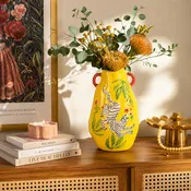 10.6in 2 Handle Ceramic Yellow Tiger Vase