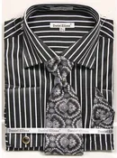 French Cuff Regular Fit Shirt Set Bold Stripe Black with Cuff Links, Tie and Hanky