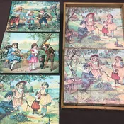 1910s Antique Multi-Sided Block Puzzle Box Set, Four Images