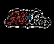 ALLSTAR WORD IN CURSIVE WITH 2 ROWS OF STONES OUTLINING IT RED WHITE AND BLUE COLOR