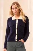 Double knit Long Sleeve Button-Front Collared Cardigan