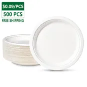 10" Disposable Heavy Duty Natural White Paper Plates 500 pcs