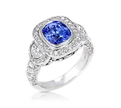 Antique Sapphire Ring with Moon Shape Side Diamonds &amp;amp; Pavé Detail