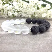 10mm Matte Moonstone Color Glass Black Lava Stone Bracelet With Round Silver Disc Spacer Healing Protection Stretchy Bracelet