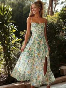 Anna Kaci - Floral Printed Spaghetti Strap Backless Slit Maxi Dress
