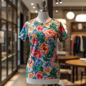 Women's Floral Print Crew Neck Short Sleeve Top with Colorful Design