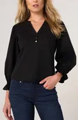 3/4 SLEEVE KNIT-TO-WOVEN TOP W/ SMOCKING