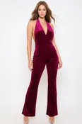 IB2385JP - RHINESTONE VELVET HALTER NECK JUMPSUIT