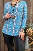 GJQ11338-1 Blue Aztec & leopard printed long sleeve top w/criss cross neckline