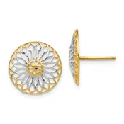 14K yellow gold and white rhodium plated daisy flower stud earrings