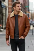 Mikhail Men’s Cognac Brown Leather Bomber Jacket