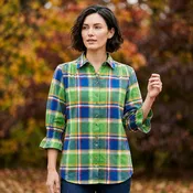 Smocking Sleeve Plaid Shirt in Lime | Women's Relaxed Fit - PL50-1