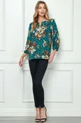 3/4 Button Cuff Sleeve Cutout Removable Trim Front Neck Dash Foil Overlay Blouse