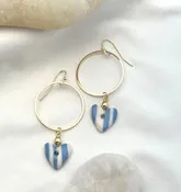 Elegant Blue & White Striped Heart Hoop Earrings with Gold Wire — Tonya Lov Jewelry