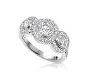 3-Stone Ring in Bezel Setting with Diamond Halos