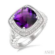 10 MM Cushion Shape Amethyst and 1/20 Ctw Round Cut Diamond Semi-precious Ring in Sterling Silver