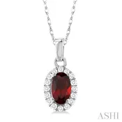 10K White Gold Oval Diamond Halo With Garnet Center Pendant Length 18