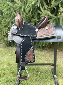 14 inch Pro Rider Saddle, white buck stitching, suede covered hard seat, 5207-7MGT