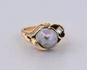 Antiqued Gold Lily Ring with Baroque Pearl & Diamond