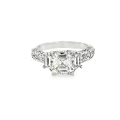 Platinum Square Emerald Cut Natural Diamond Engagement Ring with Trapezoid Side Diamonds