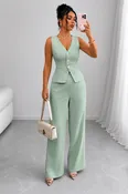 2 Piece Business Casual Outfit - Sleeveless Button-Down Vest and High-Waisted Wide Leg Pants Suit Set