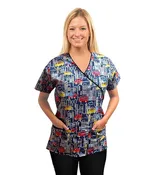 Building and Bus Print Scrub Set Mock Wrap With Black Piping 5 Pocket Half Sleeves (Top 3 Pockets With Bottom 2 Pockets Boot cut)