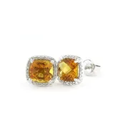 Citrine Stud Earrings Cushion Cut With Diamond 14 Karat Gold