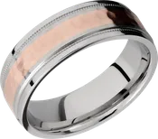 Cobalt chrome 7.5mm flat band with grooved edges and reverse milgrain detail and inlay of 14K rose gold