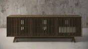 SOPHIA -75" MID-CENTURY MODERN SOLID PINE TVCONSOLE/SIDEBOARD WITH SLATTED DOORS IN A WALNUT FINISH