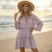 Button Front Lace Trim Beach Shirt Dress