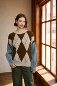 ARGYLE DISTRESSED DENIM SLEEVE KNIT SWEATER