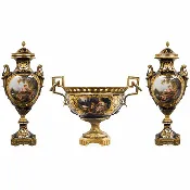 22" HANDPAINTED PORCELAIN CENTERPIECE VASES WITH LIDS DARK BLUE AND BRONZE MOUNTED - SHOWN AS SET