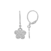 14k White Pave Diamond Flower Leverback Earrings