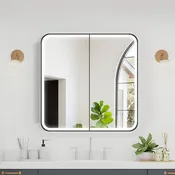 COLINE 28" x 28" Rounded Square Black Metal Framed LED Mirror Cabinet