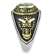 Air Force Strong - Men's Stainless Steel Ion-Plated Two-Tone Gold Ring with Synthetic Sea Blue Center Stone