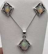 10KW Vintage 7ctw AAA Ethiopian Opal and 0.50ctw Natural Diamond Pendant and Earrings Set 8.5g - Pendant On 10K White Gold 18" Diamond Cut Spiga Chain