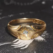 Antique c. 1897 English Old Mine Cut Diamond Starburst 18k Gold Signet Ring