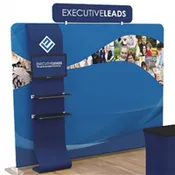 10FT FLAT TENSION FABRIC DISPLAY WITH HEADER AND SHELVING