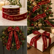 2 1/2" Embroidery Velvet | Red Merry Christmas w/ Gold Backing | 5 Yard Roll
