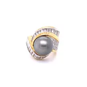 12.90mm Round Cultured Tahitian Pearl and Diamond Ring 18K Yellow Gold and Platinum