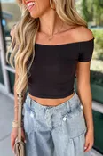 (Black) Knit Anna Seamless Off Shoulder Crop Top